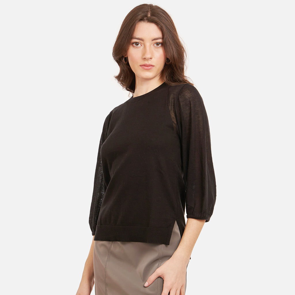 Women's Hi Lo Crew w/ Sheer Puff Sleeves in Black by Autumn Cashmere. 100% Cotton