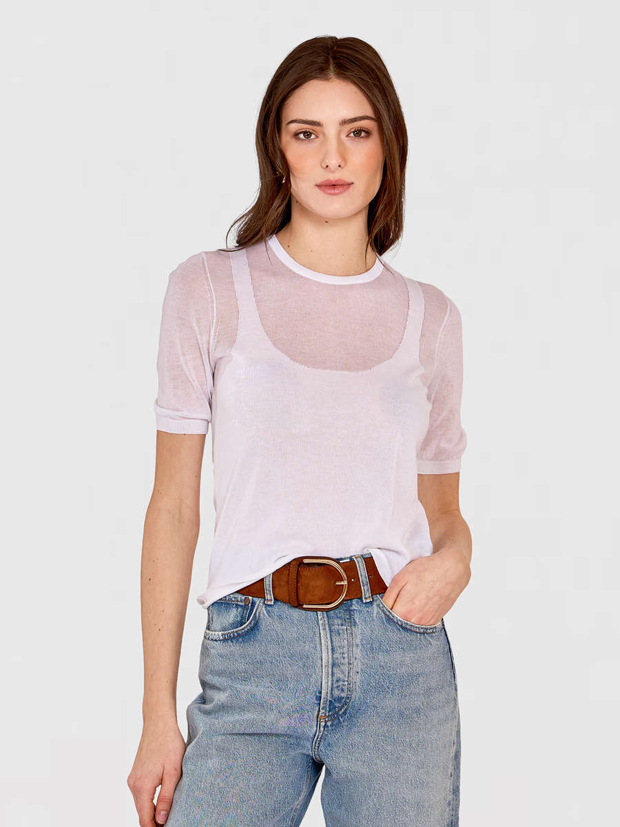 アパルトモン Cashmere Silk Sheer Border TShirt Sheer Tee w/ Shadow Tank Outline in White | Autumn Cashmere