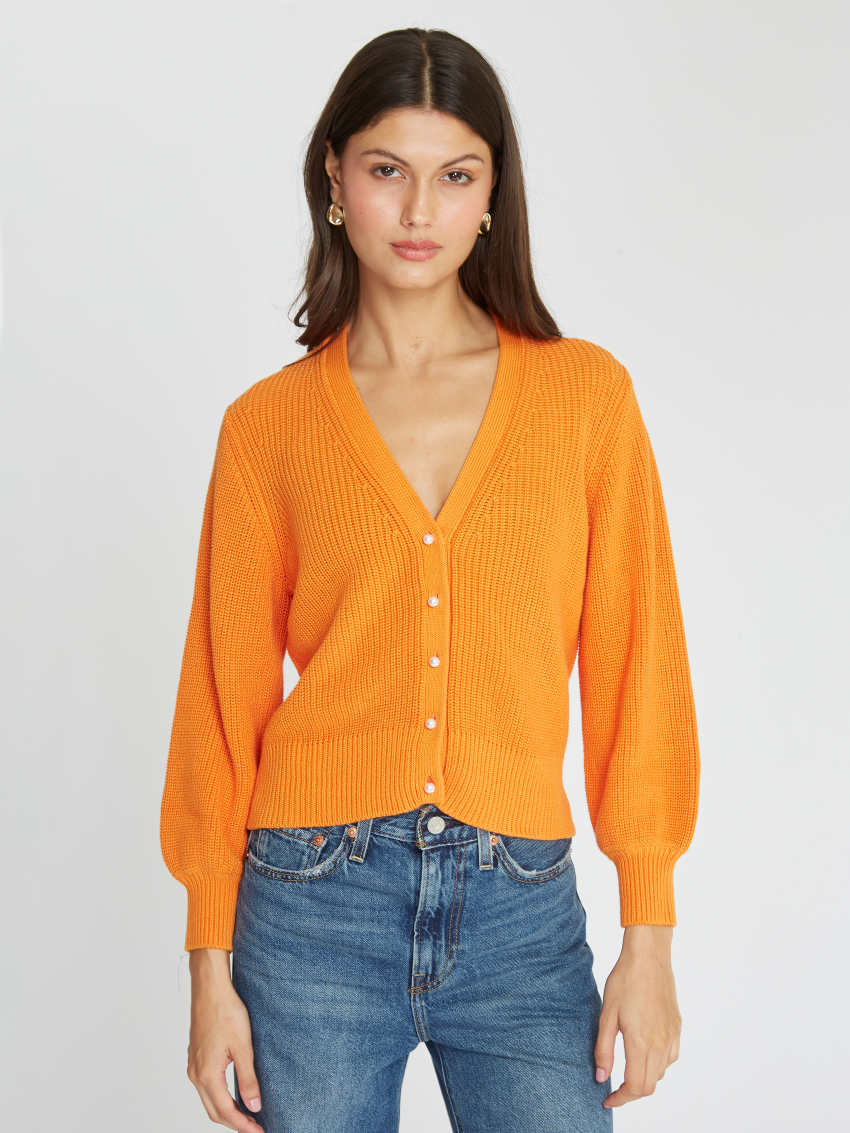 Puff Sleeve Shaker Cardigan w/ Pearl Buttons | Autumn Cashmere