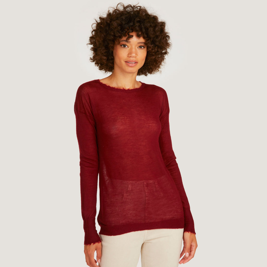 Women's Distressed Sheer Crew in Merlot Red by Autumn Cashmere.