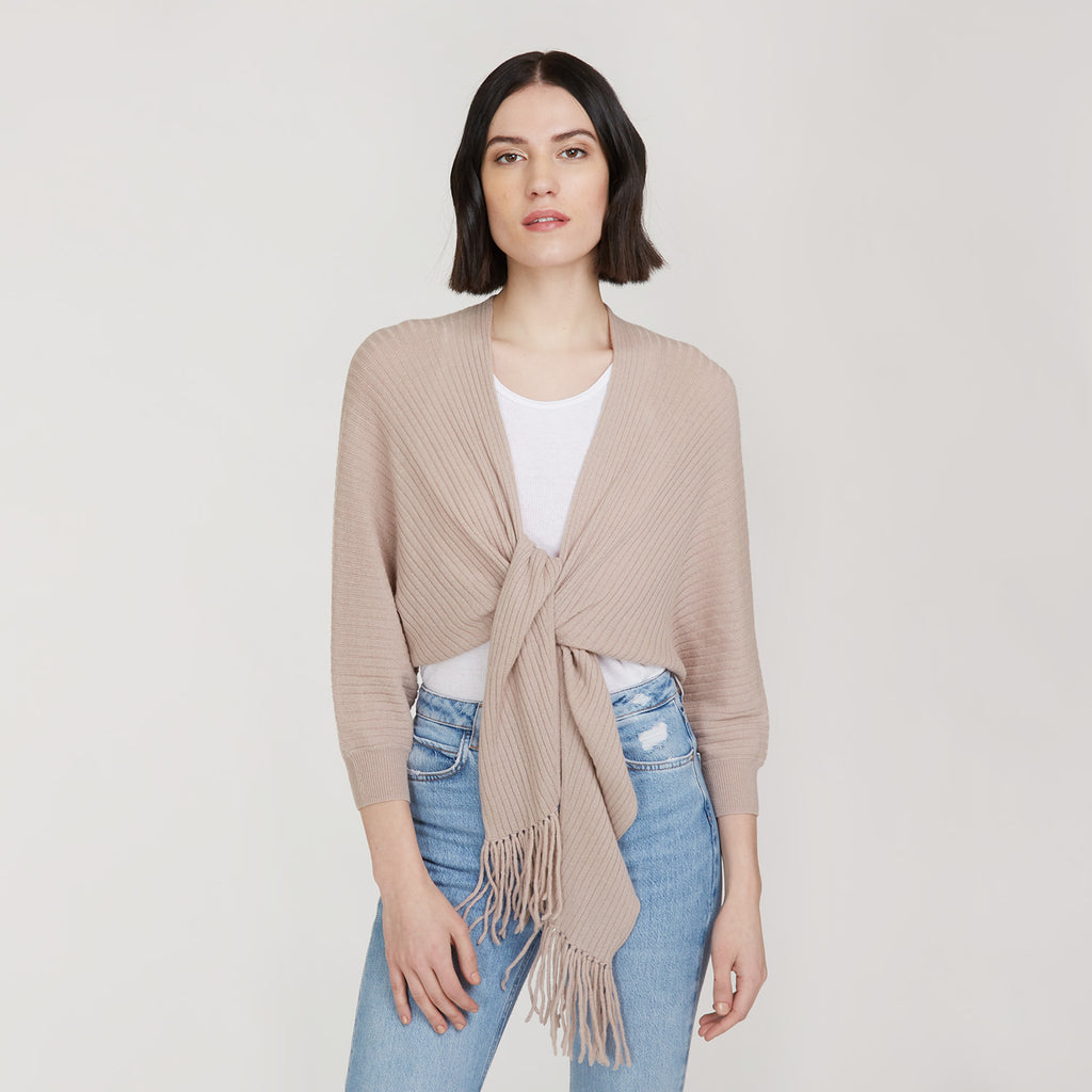 Women’s Rib Fringed Tie Front Dolman in Fawn by Autumn Cashmere