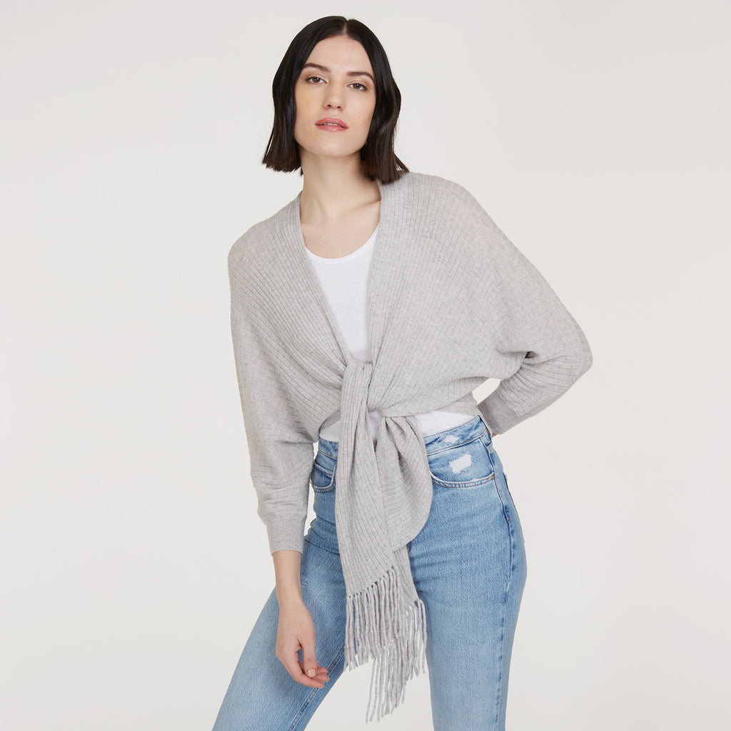 Women’s Rib Fringed Tie Front Dolman in Fog by Autumn Cashmere