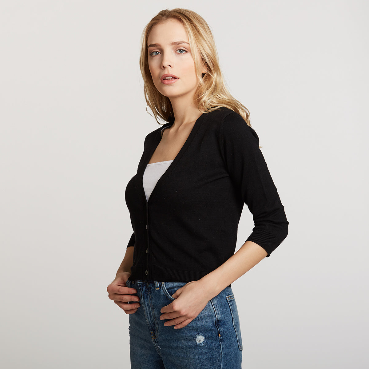 3/4 Sleeve V-Neck Baby Cardigan in Black