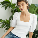 Square Neck W/ Poplin Puff Sleeve in White