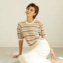 Multi Stripe Texture Puff Sleeve Crew in Neutral