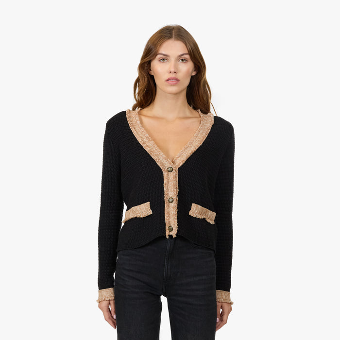 autumn cashmere Fringed Trimmed V-Neck Jacket in Black Combo