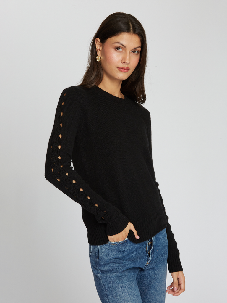 Autumn Cashmere | Crew w/ Open Cable Sleeves in Black | R13475