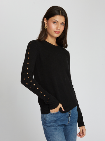 Autumn Cashmere | Crew w/ Open Cable Sleeves in Black | R13475