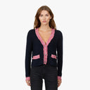 Fringed Trimmed V-Neck Jacket in Navy Blue Combo