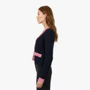Fringed Trimmed V-Neck Jacket in Navy Blue Combo