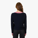 Fringed Trimmed V-Neck Jacket in Navy Blue Combo
