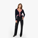 Fringed Trimmed V-Neck Jacket in Navy Blue Combo