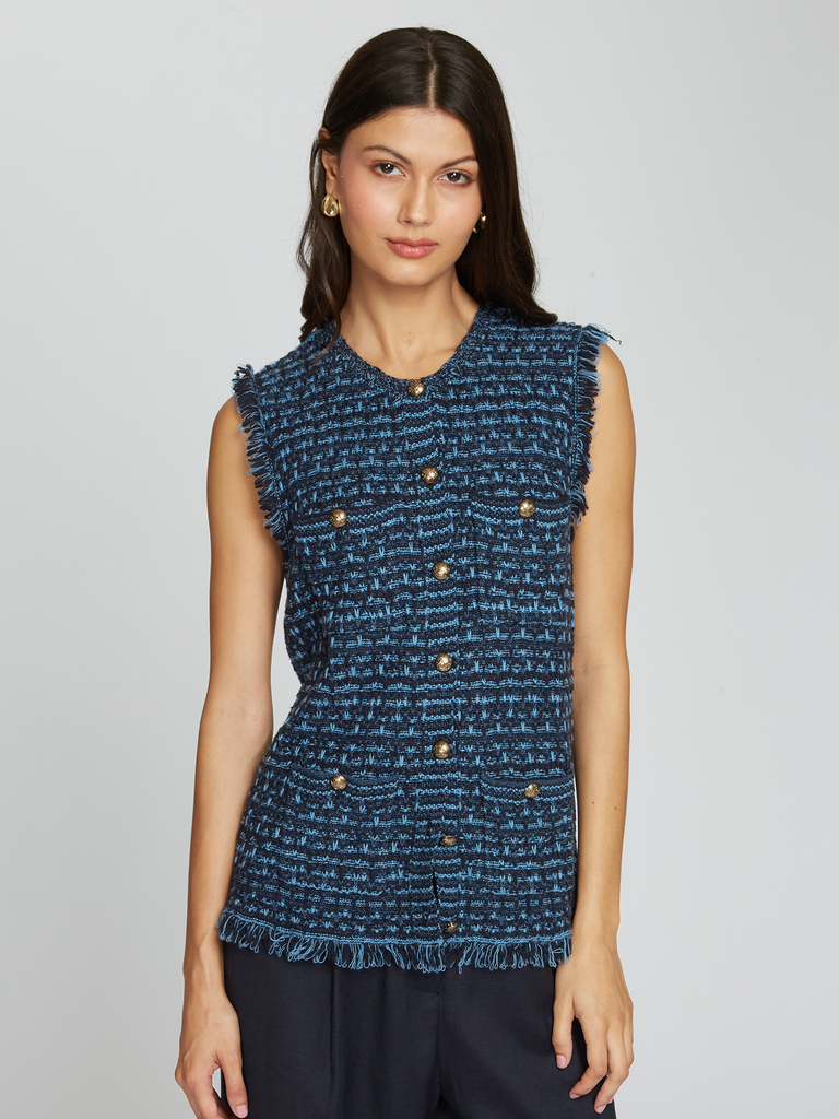 Autumn Cashmere | Long Tweed Vest w/ Fringe in Navy Blue Combo | N14264