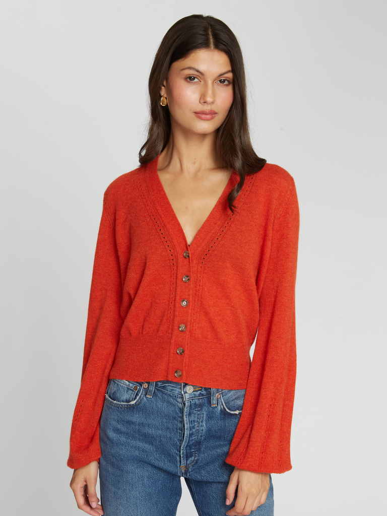 Balloon Sleeve Cardigan w/ Pointelle Detail in Paprika | Autumn Cashmere | RT13247