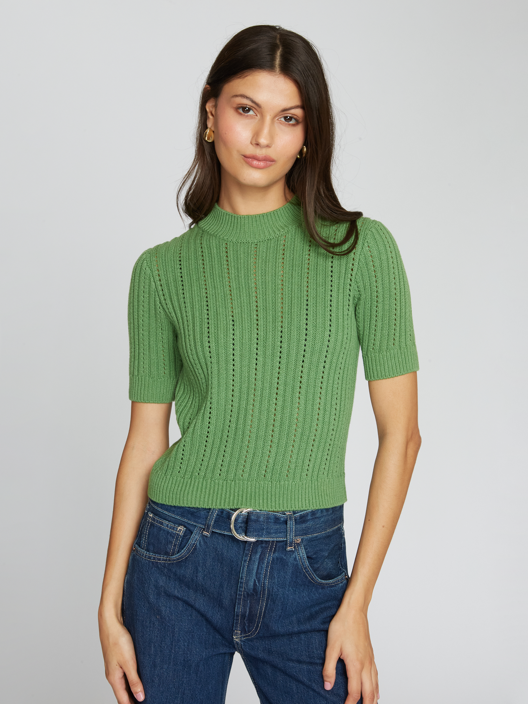Cropped Rib/Pointelle S/S Mock Autumn Cashmere - Main Image