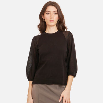 Women's Hi Lo Crew w/ Sheer Puff Sleeves in Black by Autumn Cashmere. 100% Cotton