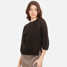 Load image into Gallery viewer, Women&#39;s Hi Lo Crew w/ Sheer Puff Sleeves in Black by Autumn Cashmere. 100% Cotton