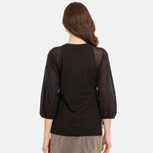 Load image into Gallery viewer, Women&#39;s Hi Lo Crew w/ Sheer Puff Sleeves in Black by Autumn Cashmere. 100% Cotton