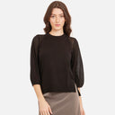 Women's Hi Lo Crew w/ Sheer Puff Sleeves in Black by Autumn Cashmere. 100% Cotton