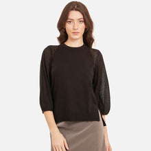 Load image into Gallery viewer, Women&#39;s Hi Lo Crew w/ Sheer Puff Sleeves in Black by Autumn Cashmere. 100% Cotton