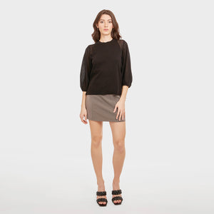 Women's Hi Lo Crew w/ Sheer Puff Sleeves in Black by Autumn Cashmere. 100% Cotton
