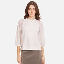 Load image into Gallery viewer, Women&#39;s Hi Lo Crew w/ Sheer Puff Sleeves in White by Autumn Cashmere. 100% Cotton