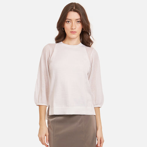 Women's Hi Lo Crew w/ Sheer Puff Sleeves in White by Autumn Cashmere. 100% Cotton