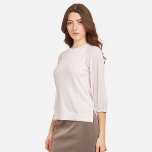 Women's Hi Lo Crew w/ Sheer Puff Sleeves in White by Autumn Cashmere. 100% Cotton