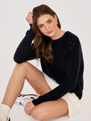 L/S Shaker Crewneck W/ Pointelle Details in Navy Blue