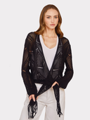 Open Stitch Tie Front W/ Fringe in Black