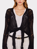 Open Stitch Tie Front W/ Fringe in Black