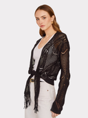 Open Stitch Tie Front W/ Fringe in Black