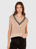 Distressed Cotton Shaker Vest W/ Varsity Stripes in Latte/Black