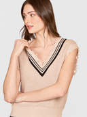 Distressed Cotton Shaker Vest W/ Varsity Stripes in Latte/Black