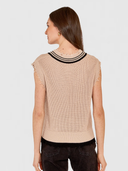 Distressed Cotton Shaker Vest W/ Varsity Stripes in Latte/Black