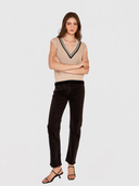 Distressed Cotton Shaker Vest W/ Varsity Stripes in Latte/Black