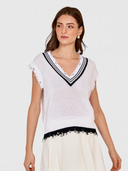 Distressed Cotton Shaker Vest W/ Varsity Stripes in Bleach White/Navy Blue