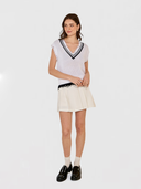 Distressed Cotton Shaker Vest W/ Varsity Stripes in Bleach White/Navy Blue