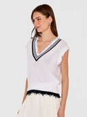 Distressed Cotton Shaker Vest W/ Varsity Stripes in Bleach White/Navy Blue