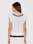 Distressed Cotton Shaker Vest W/ Varsity Stripes in Bleach White/Navy Blue