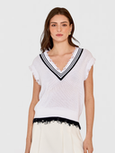 Distressed Cotton Shaker Vest W/ Varsity Stripes in Bleach White/Navy Blue