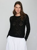 Diamond Stitch Open Pointelle Crew in Black