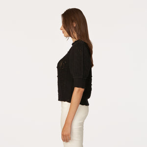 Puff Sleeve Tile Stitch Mock in Black