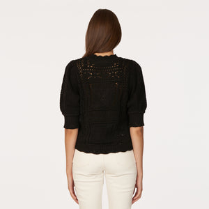 Puff Sleeve Tile Stitch Mock in Black