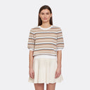 Multi Stripe Texture Puff Sleeve Crew in Neutral