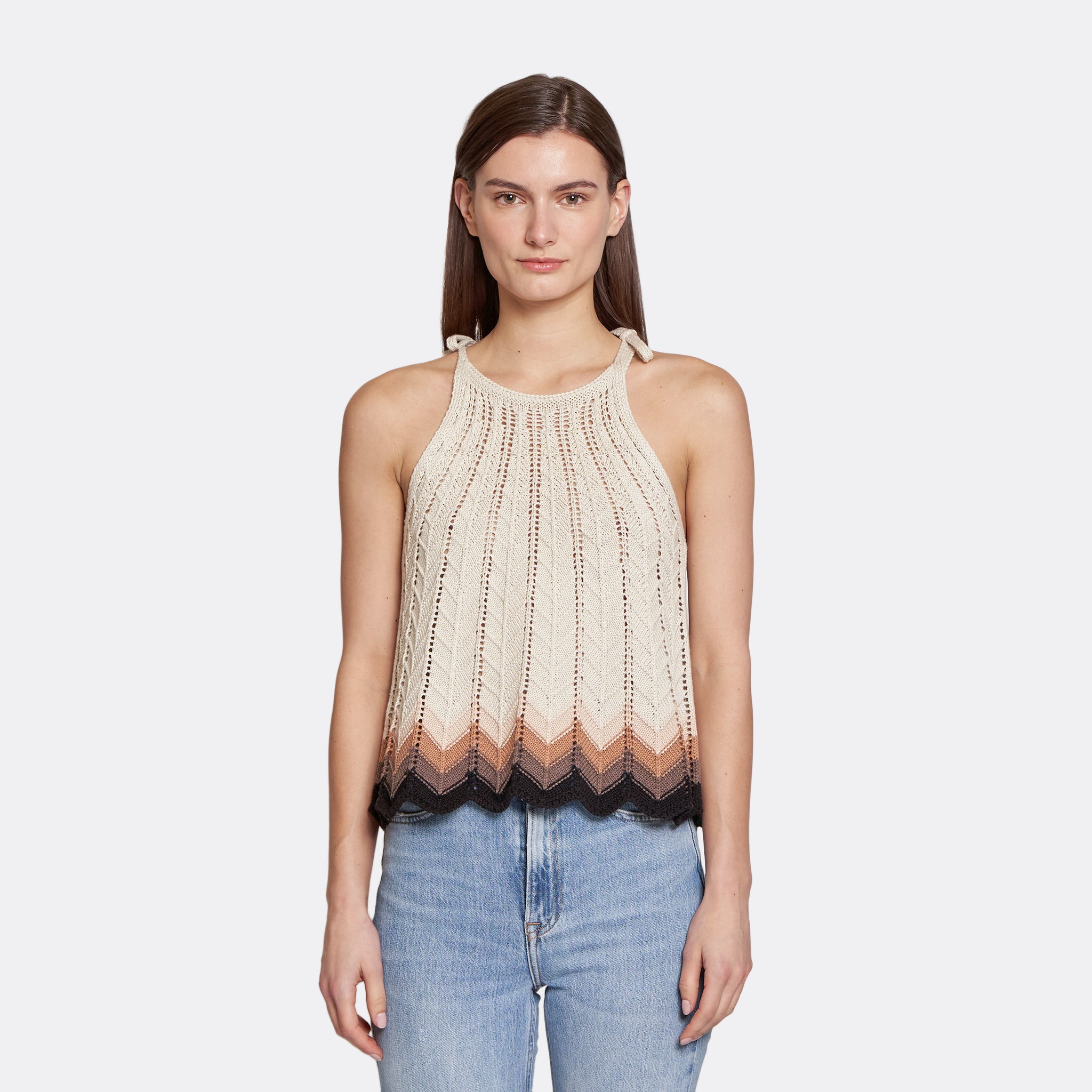 【2plan】Ariel loose fit knit Zig Zag Stitch Flared Halter Tank | Autumn Cashmere