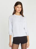 Jeweled Puff Sleeve Cable Crew in Platinum