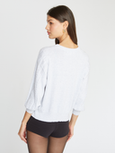 Jeweled Puff Sleeve Cable Crew in Platinum