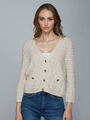 N14484E | Cropped Texture Stitch V-Neck Jacket in Natural Combo | Autumn Cashmere