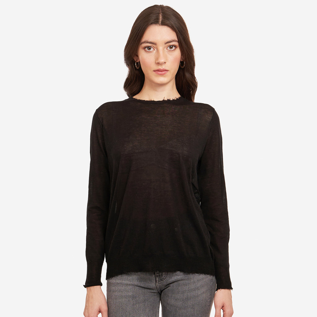 Women’s Distressed Edge Crew in Black by Autumn Cashmere. 100% Cotton